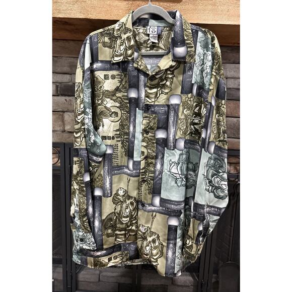 Men’s TRUST Anime AOP Green/Black Graphic Long Sleeve Button Up Shirt Sz XL *C8 - Picture 1 of 4